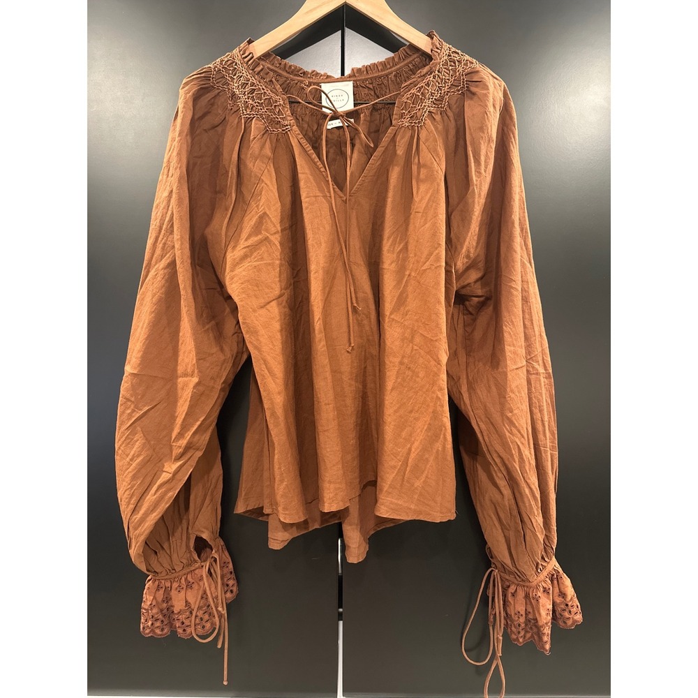 Kinga Csilla Brown‎ Cotton Smocked Eyelet Lace Balloon Sleeve Blouse Top US 4